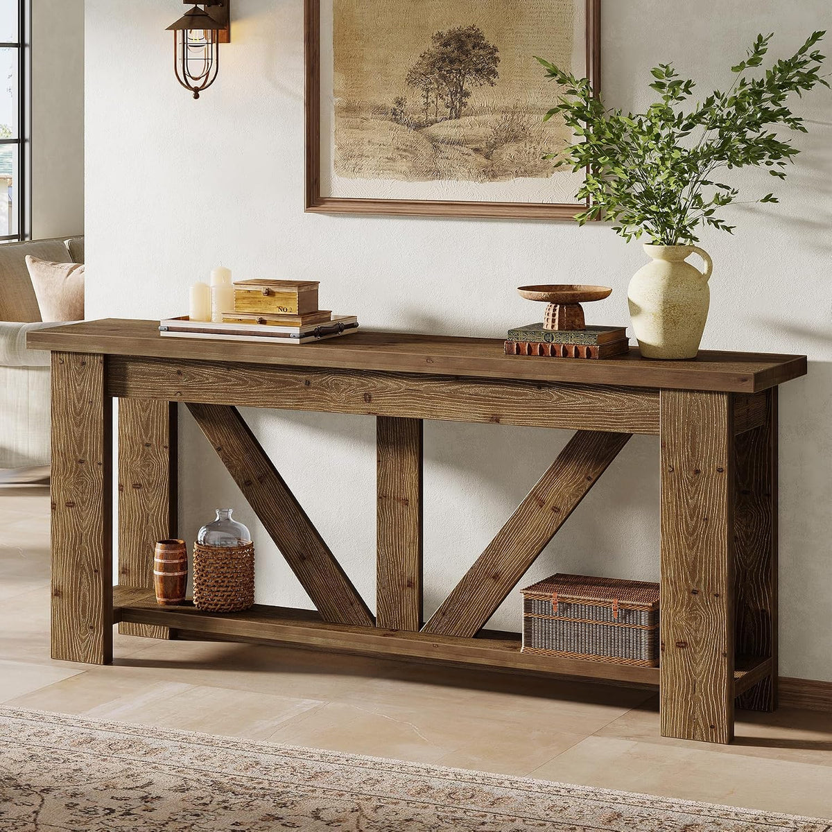Solid Wood Sofa Table, 70.9 Inches Extra Long Console Table with 2 Tiers Storage Shelves, Rustic Entryway Table Behind Couch Table for Living Room, Hallway, Foyer, Brown
