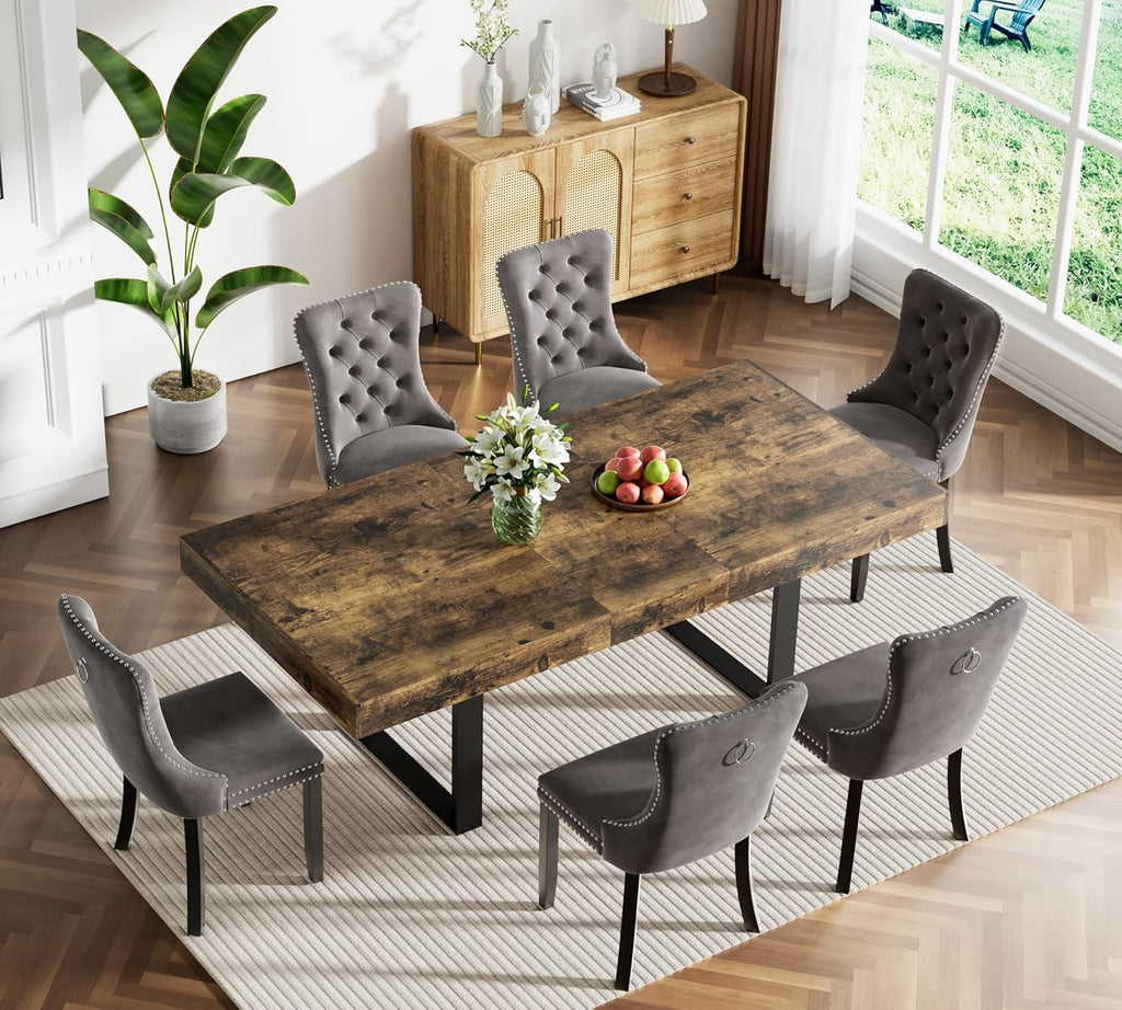 7-Piece Extendable Dining Table Set for 6, 63-78 Inch Rustic Brown Kitchen Table Set with 6 Grey Tufted Chairs Farmhouse Wood Expandable Dining Room Table Set 6 for Kitchen Dining