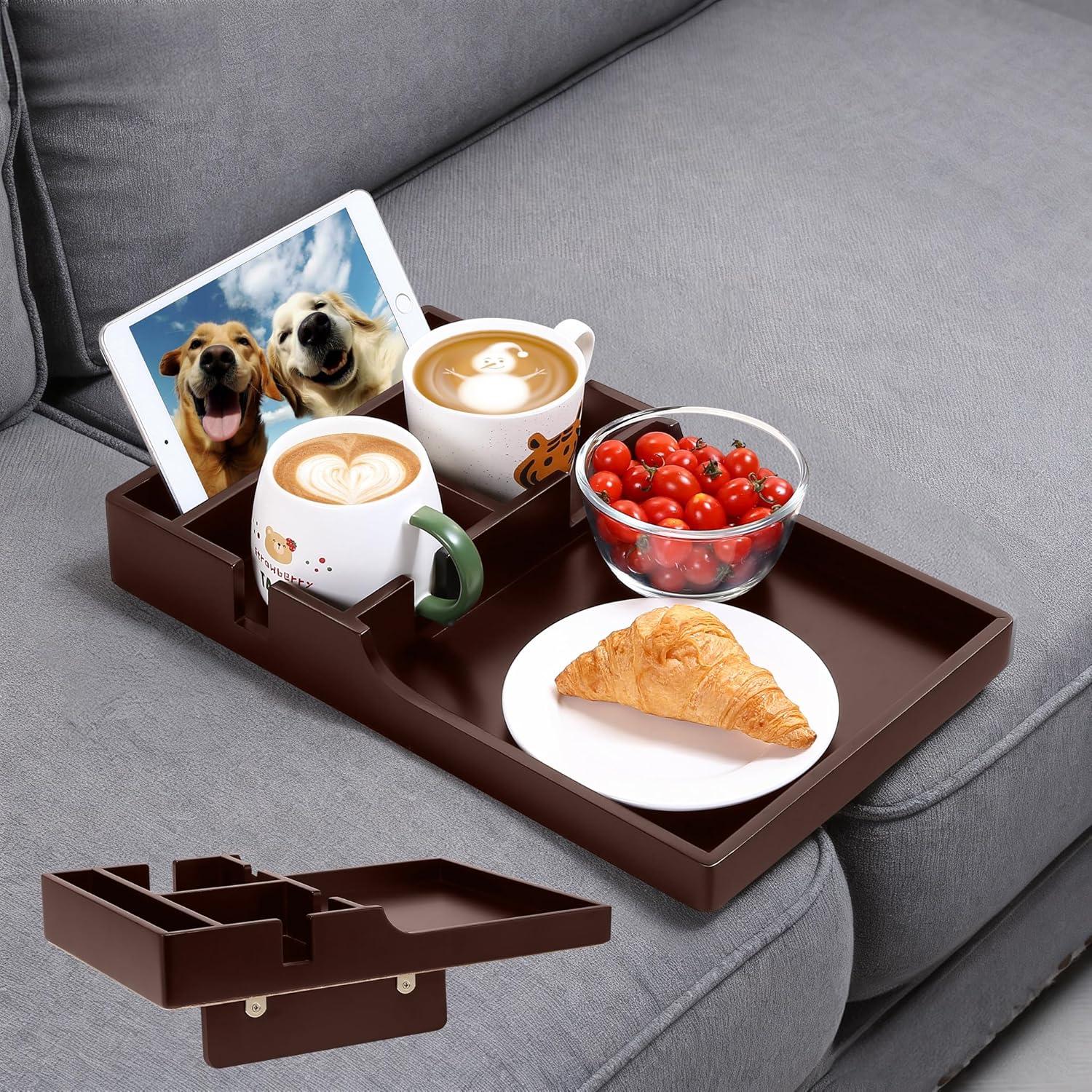 Nnewvante Couch Insert Tray, 2-in-1 Insert & Flat Sofa Organizer Bamboo with 4 Compartments,Fits Seat Gaps or Ottomans,for Snacks, Drinks, Remotes,15.35x9.84-inch,Brown