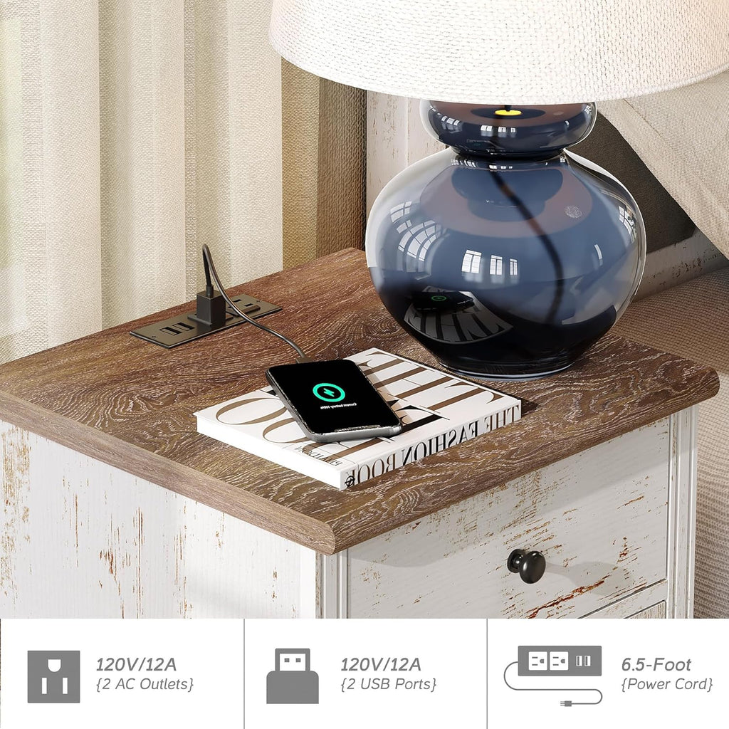 WAMPAT Set of 2 End Table with Charging Station, Wood Nightstands with Drawer and Storage Cabinet, Modern Side Tables Living Room, Farmhouse Night Stands Bedside Table for Bedroom, Rustic White