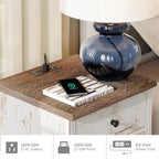 WAMPAT Set of 2 End Table with Charging Station, Wood Nightstands with Drawer and Storage Cabinet, Modern Side Tables Living Room, Farmhouse Night Stands Bedside Table for Bedroom, Rustic White