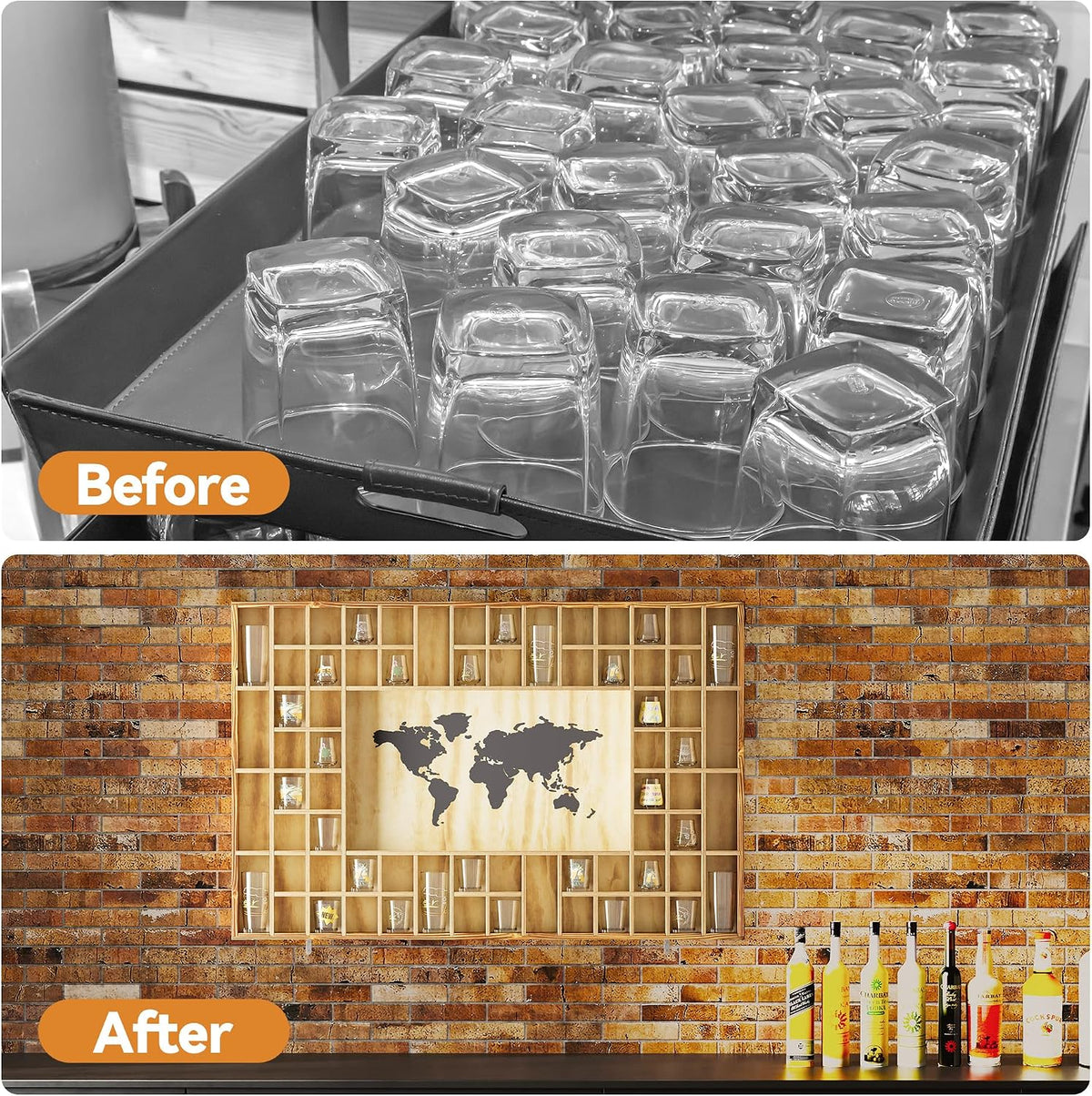 68 Large World Map Shot Glass Display Case Rustic Shot Glass Holder 37x 24.4in Brown Wood Shelf for 2 Different Sizes Glasses Shelf Wall Mount Storage Cabinet for Bar Home Kitchen