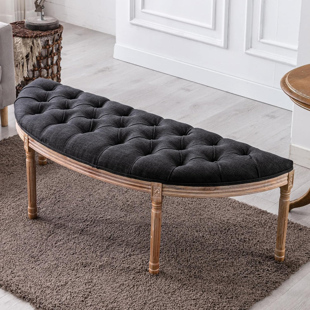 chairus 55" Button Tufted Semi-Circle Dining Bench Linen Halfmoon Entryway Bench Comfy Upholstered Bench Seat for Bay Window/Bedroom End of Bed/Living Room/Indoor, Charcoal Black