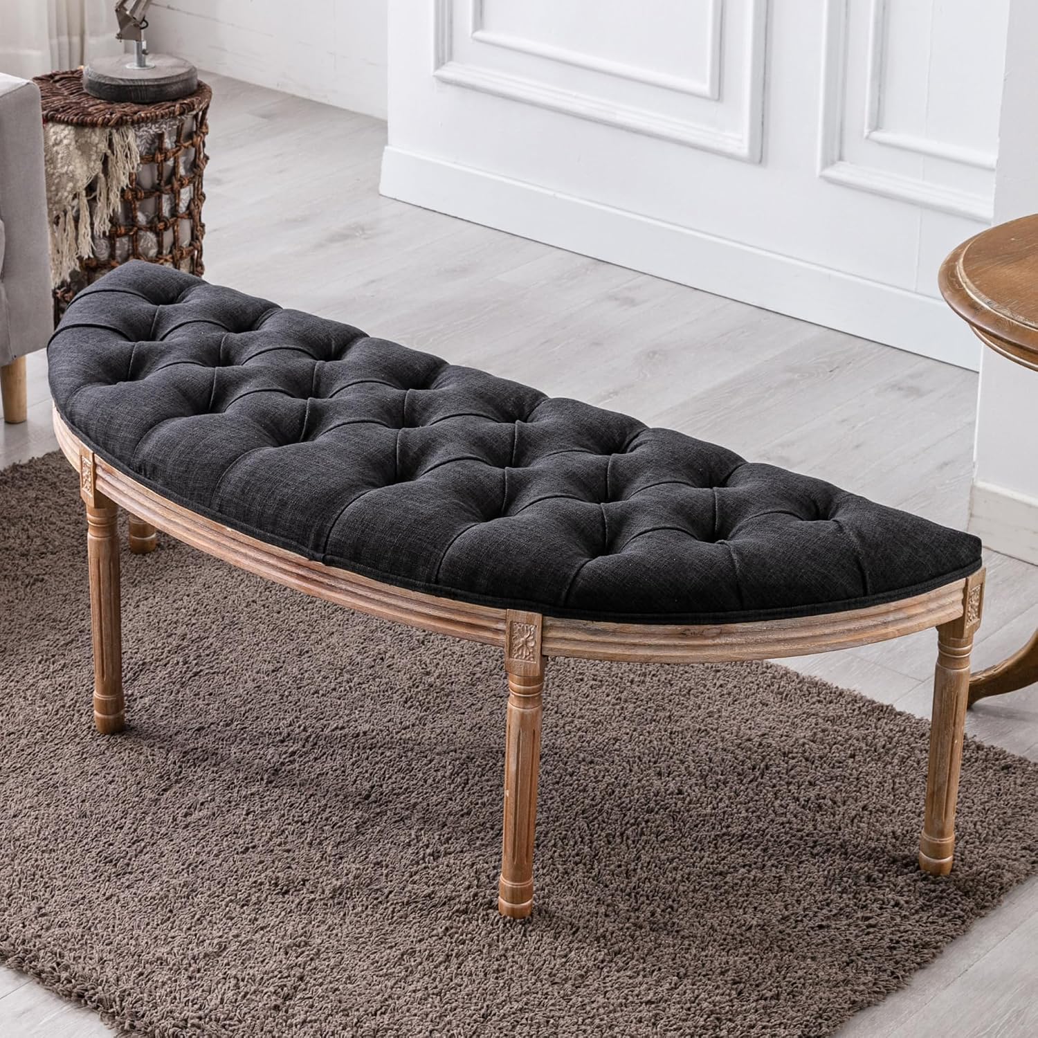 chairus 55" Button Tufted Semi-Circle Dining Bench Linen Halfmoon Entryway Bench Comfy Upholstered Bench Seat for Bay Window/Bedroom End of Bed/Living Room/Indoor, Charcoal Black