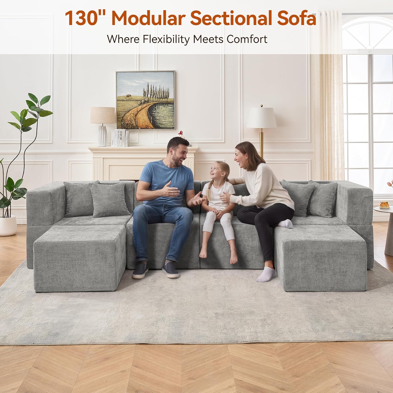 MONVANE Modular Sectional Cloud Couch for Living Room - 130'' 6 Seater Convertible Chenille Couches Set with Ottoman, No Assembly Compression Sofas, Comfy Floor Sofa with Memory Foam, Light Grey