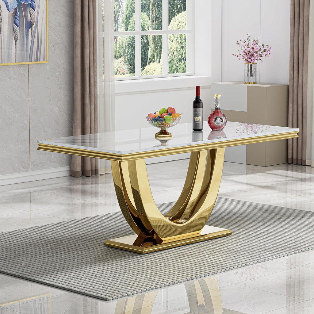 Modern Marble Dining Table Set for 6, White Dining Set with 68" Faux Marble Dining Table and 6 Gray Upholstered Velvet Dining Chairs, 7 Piece Dining Table and Chairs Set for Kitchen