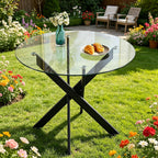 35.4" Round Glass Dining Table with Cross Metal Legs, Modern Small Kitchen Table for 2-4 People, Clear Tempered Glass Top Circle Dining Table for Living Room, Apartment, Black