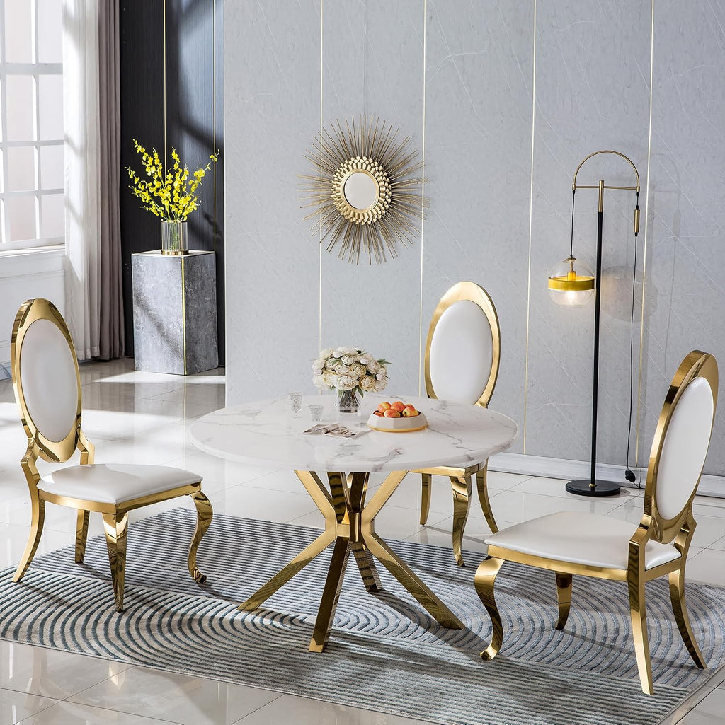 45" Marble Round Dining Table for 4 People, Modern Pedestal Kitchen Table with Mirrored Stainless Steel Cross Base & Faux Marble Top, Luxury Circle Dinner Table for Dining Room, Kitchen, Living Room