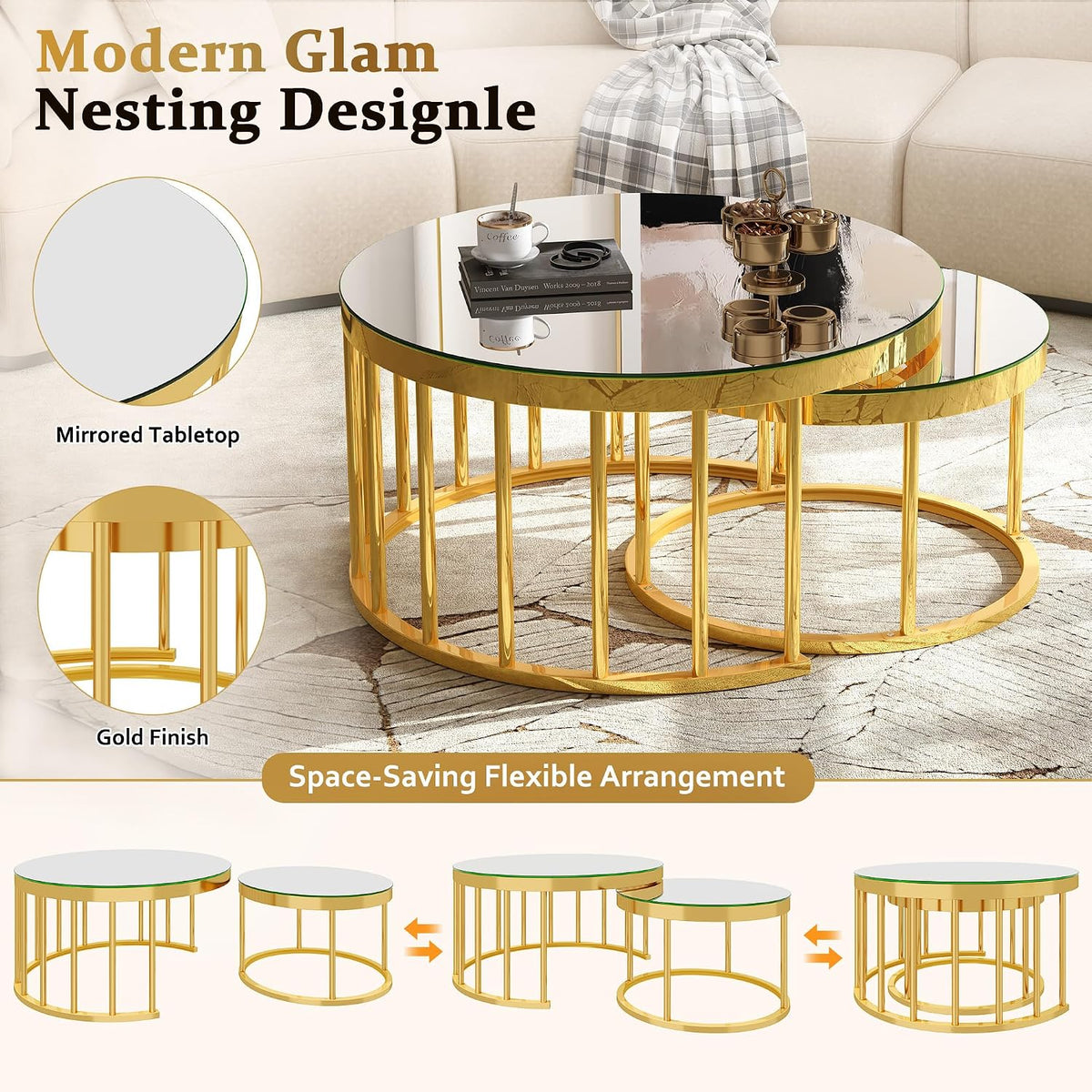 JIVOIT 2-Piece Round Nesting Coffee Table Set with Gold Metal Frame | Modern Circular Cocktail Table, Tempered Glass Tabletop, Accent Nesting Tables, Rounded Edge, Space-Saving, Living Room
