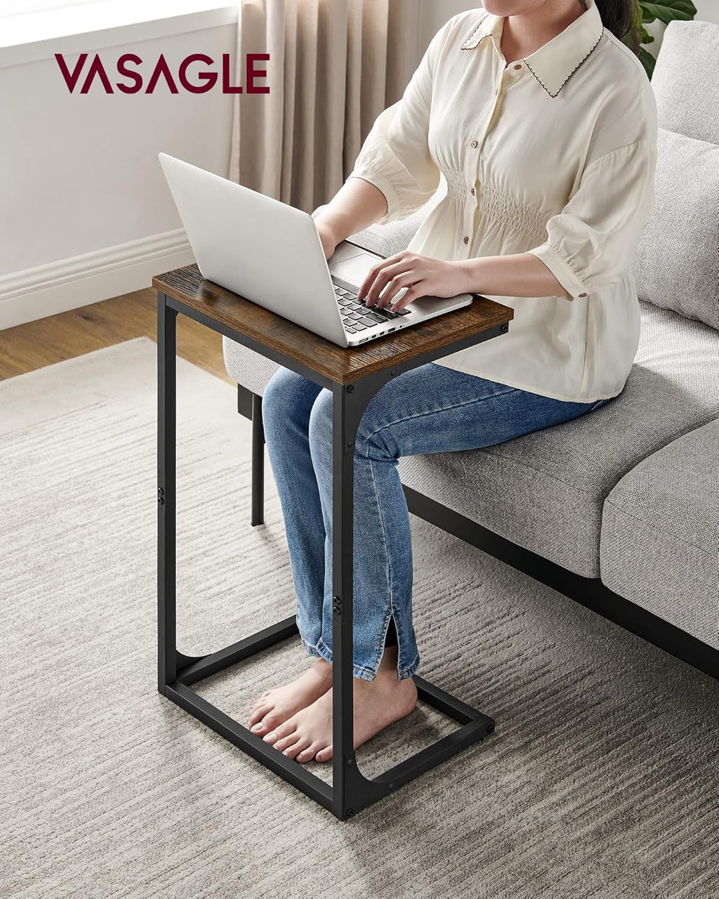 VASAGLE C-Shaped End Table, Side Table for Sofa, Couch Table with Metal Frame, Small TV Tray Table for Living Room, Bedroom, Rustic Brown and Black ULET353B01