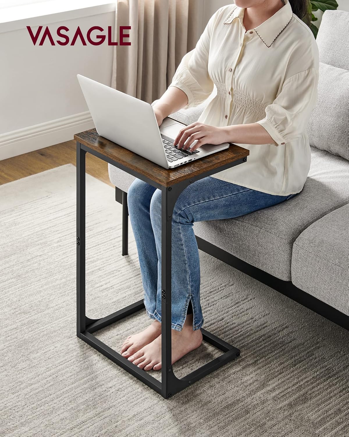VASAGLE C-Shaped End Table, Side Table for Sofa, Couch Table with Metal Frame, Small TV Tray Table for Living Room, Bedroom, Rustic Brown and Black ULET353B01