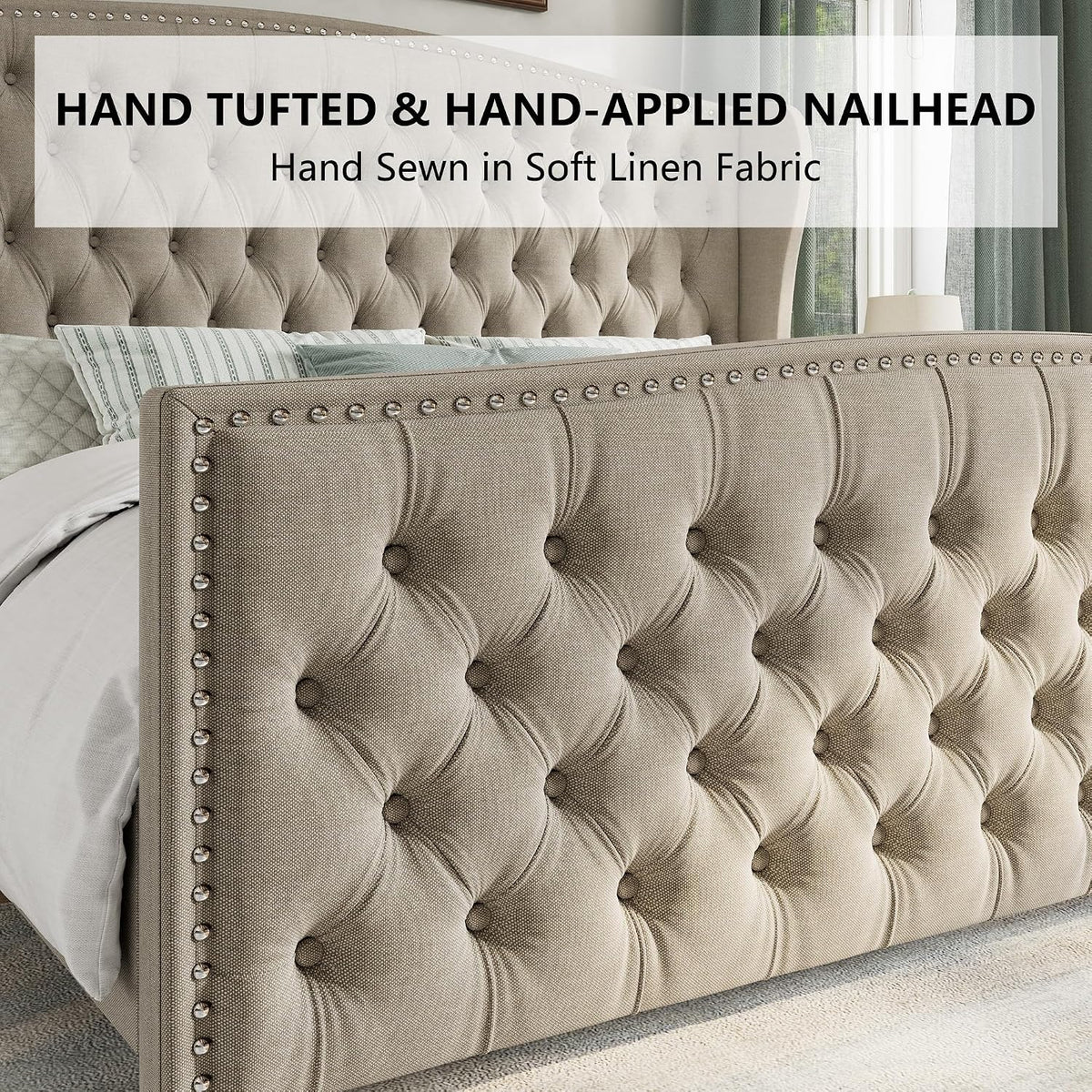 AMERLIFE King Size Bed Frame with Velvet Upholstered Wingback Headboard