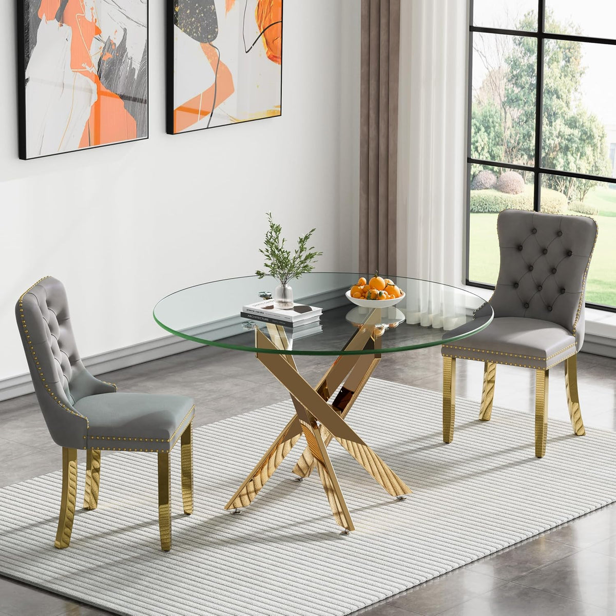 47.2'' Round Glass Dining Table for 4, Glass Round Dining Room Table with X-Shape Metal Legs, Clear Circular Top Gold Kitchen Table for 4, Perfect for Apartment Small Space