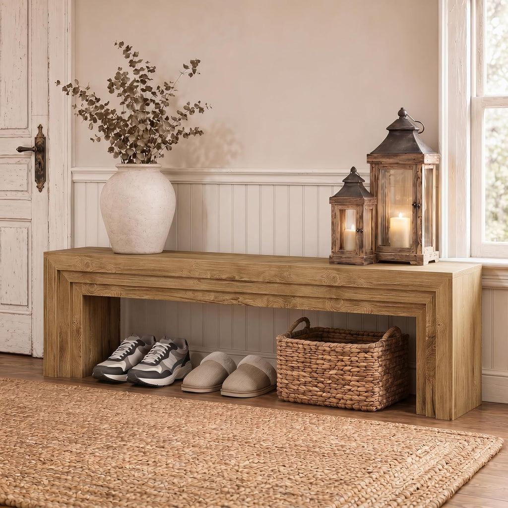 Tribesigns 71'' Extra Long Shoe Storage Bench,Mid-Century Modern Entryway Bench,Indoor Wooden End of Bed Bench for Hallway,Bedroom,Living Room (Light Brown)