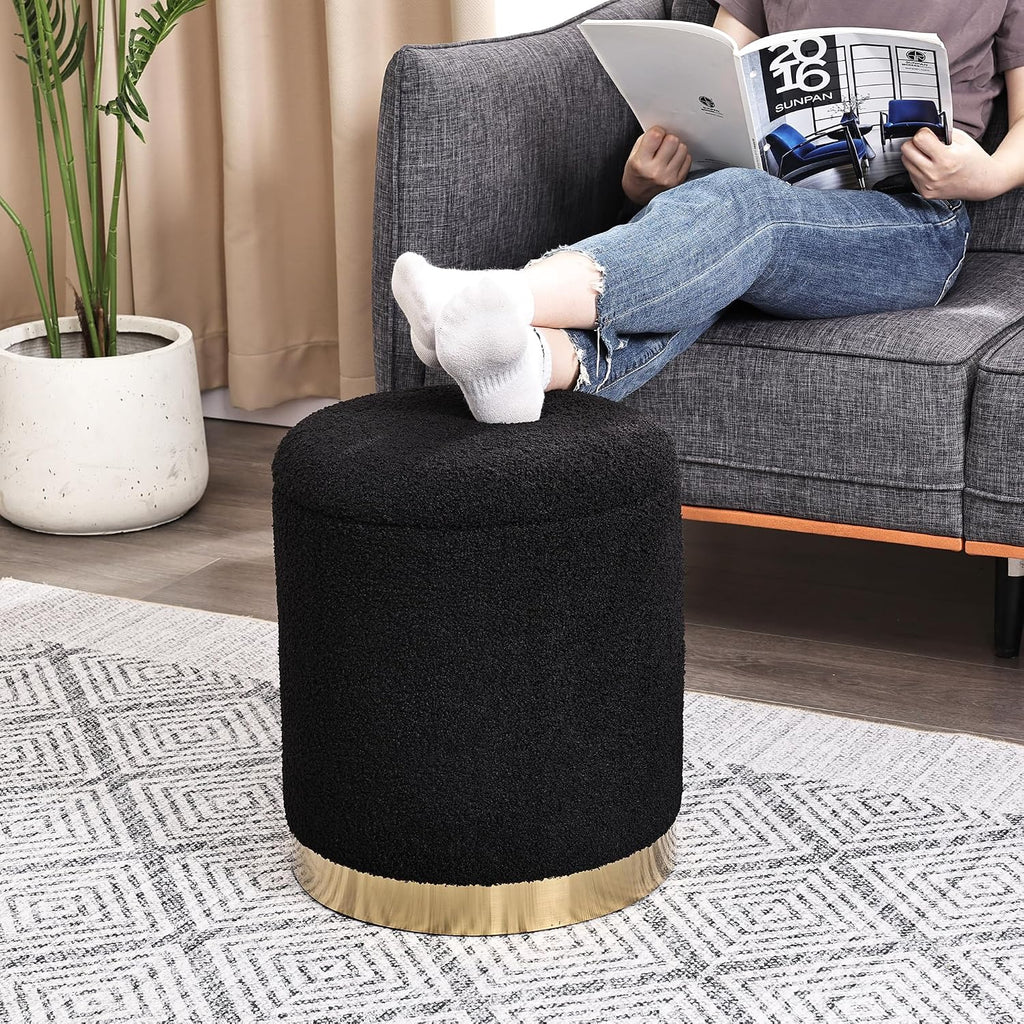 Joveco Boucle Round Ottoman with Storage,Vanity Stool with Storage for Bedroom, Ottoman Coffee Table,Small Boucle Foot Stool for Living Room, Black with Gold Plating