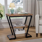 Narrow End Table for Small Spaces, 3-Tier Sofa Side Table with Storage Shelf, Wood and Metal Nightstand for Living Room Bedroom, Rustic Brown