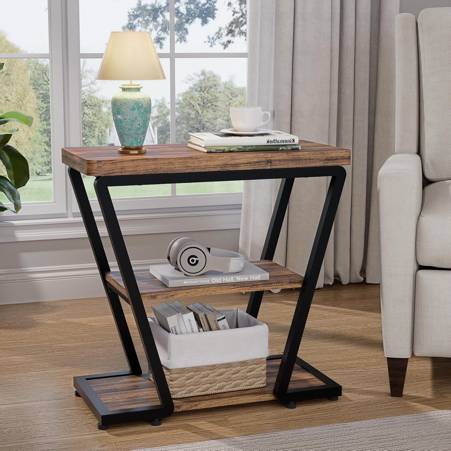 Narrow End Table for Small Spaces, 3-Tier Sofa Side Table with Storage Shelf, Wood and Metal Nightstand for Living Room Bedroom, Rustic Brown