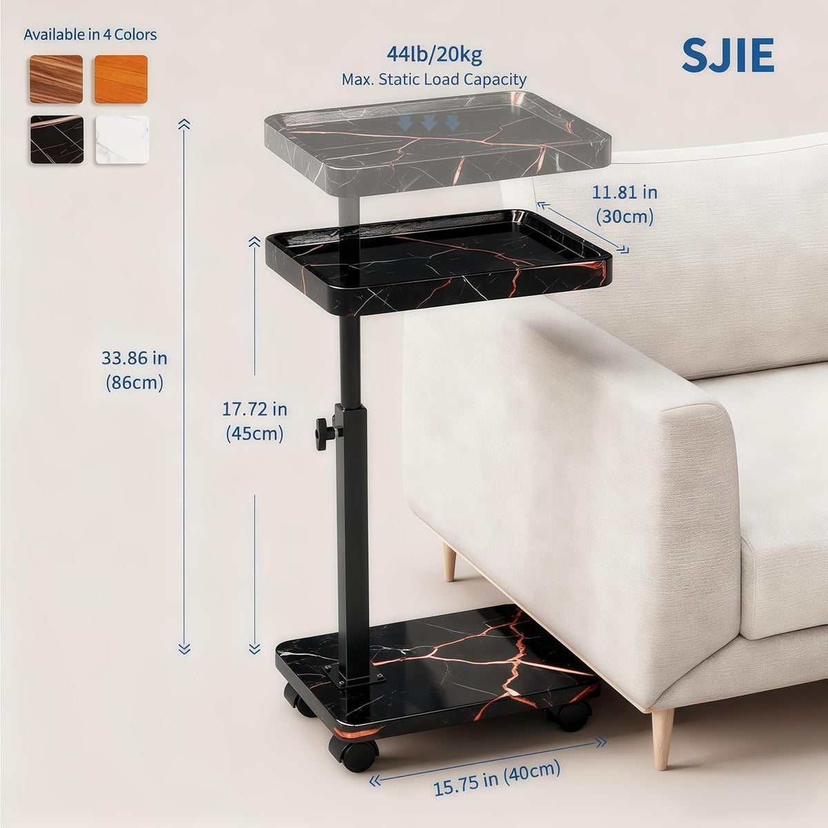 C Table End Table Adjustable Height, 360°Swivel TV Tray Table for Small Spaces, Side Tables with Wheels for Living Room and Bedroom, Bed (Black-15.7 x 11.8 inches)