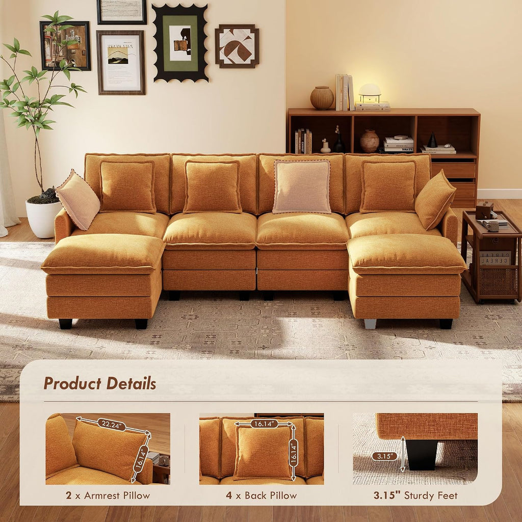 Ihanherry 107" Modular Sectional Cloud Sofa, U Shaped 6 Seat Chenille Couch with Movable Ottoman and 48" Deep Seat, Convertible Couches for Living Room, Orange