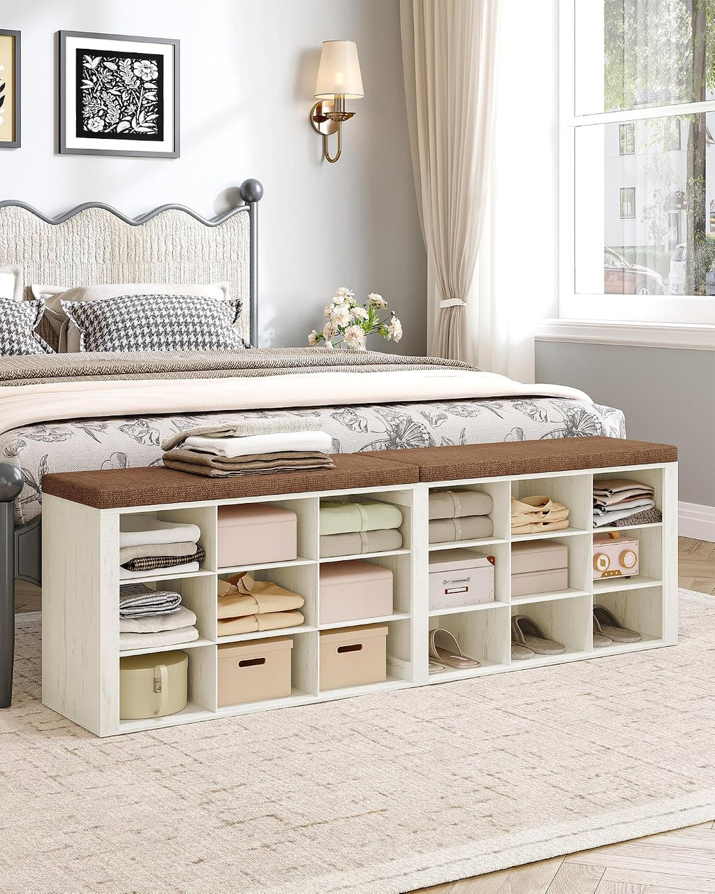 Hzuaneri Shoe Storage Bench with Cushion, Entryway Storage Bench with 18 Cubbies, 9.5" Widened Organizer Cabinet, Long Cubby Rack for Living Room, Bedroom, Entryway, White and Brown SB25714KA