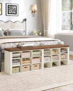 Hzuaneri Shoe Storage Bench with Cushion, Entryway Storage Bench with 18 Cubbies, 9.5" Widened Organizer Cabinet, Long Cubby Rack for Living Room, Bedroom, Entryway, White and Brown SB25714KA