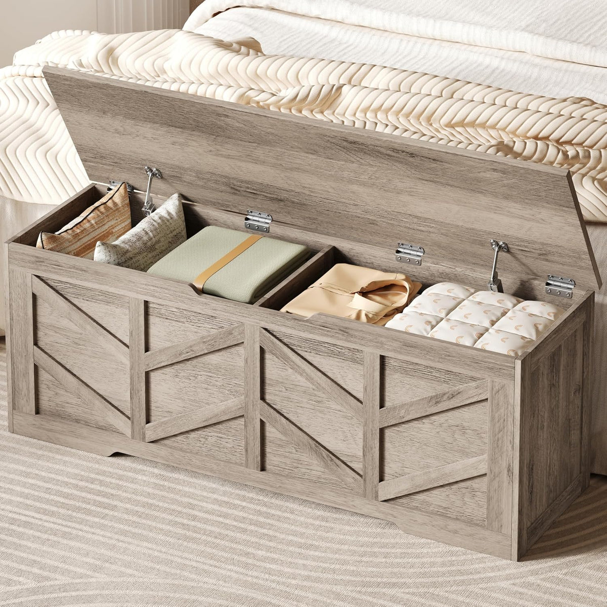Extra Large Storage Chest, Storage Bench with 2 Safety Hinges | 51.2" Storage Trunk Supports 330 lb, Wooden Farmhouse Blanket Storage for Bedroom, living room, entryway, Greige