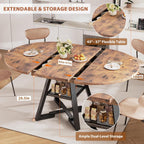 43‘’-57‘’ Extendable Round Dining Table for 4-6, Modern Industrial Kitchen Oval Dining Table with Removable Leaves, Space Saving Pedestal Base with Storage Shelf for Kitchen Living Room (Rustic)