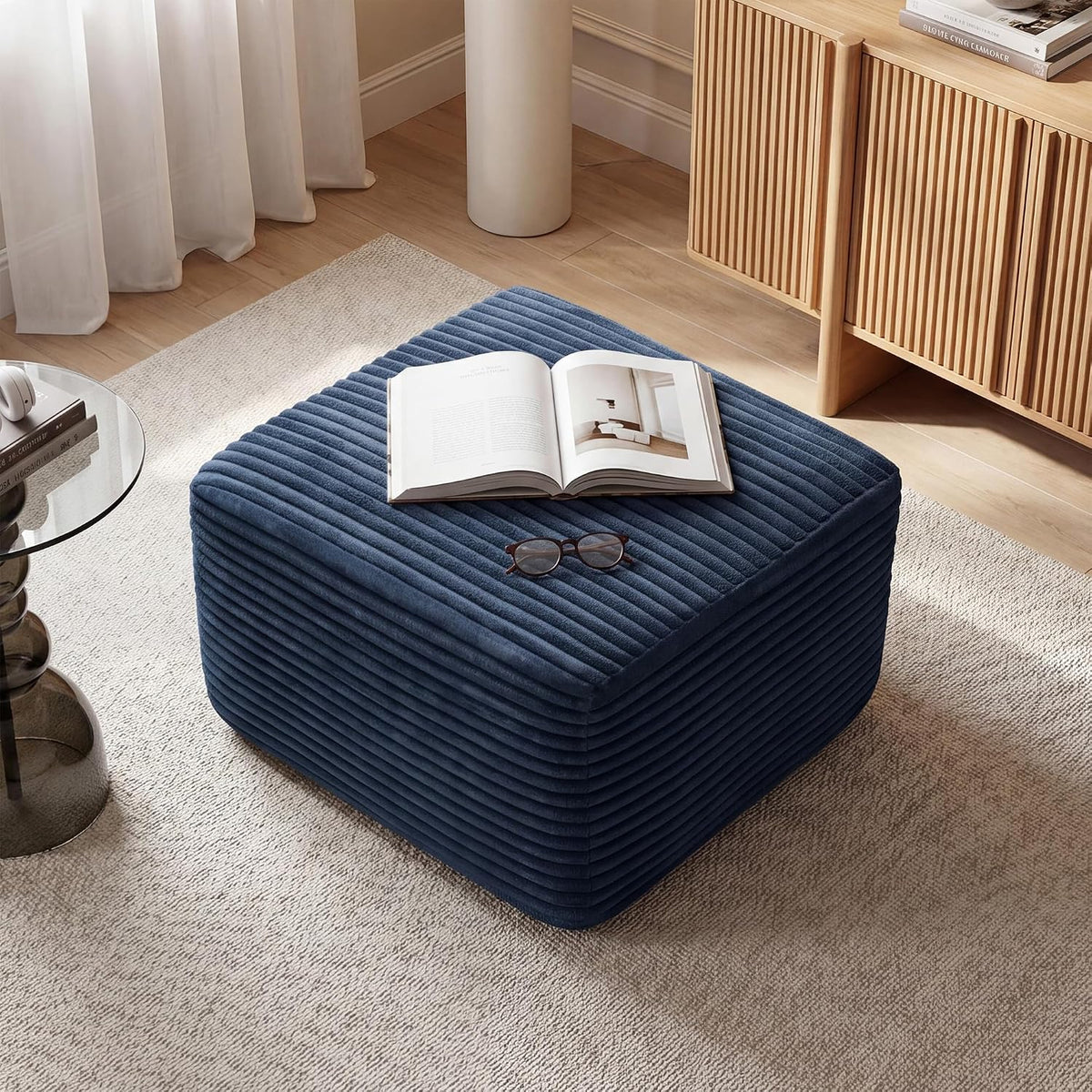 27.6" Floor Ottoman, Plush Corduroy Ottoman Foot Rest for Couch in a Box, Compressed Soft Foam Footrest No Assembly Require, Large Square Footstool for Living Room, Bedroom, Blue
