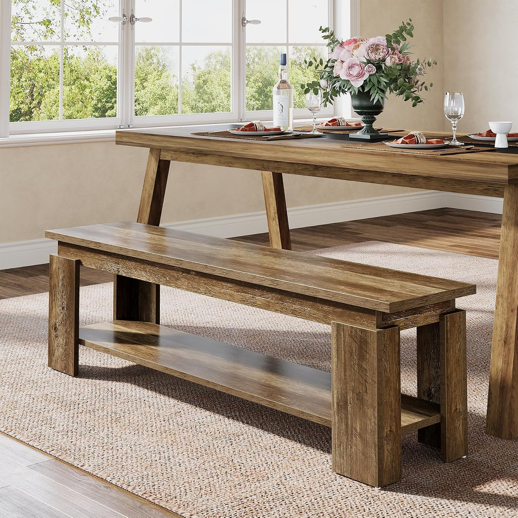Tribesigns 63" Dining Bench for 2-3, Farmhouse Wooden Dining Room Bench with Storage Shelf for Kitchen & Dining Room