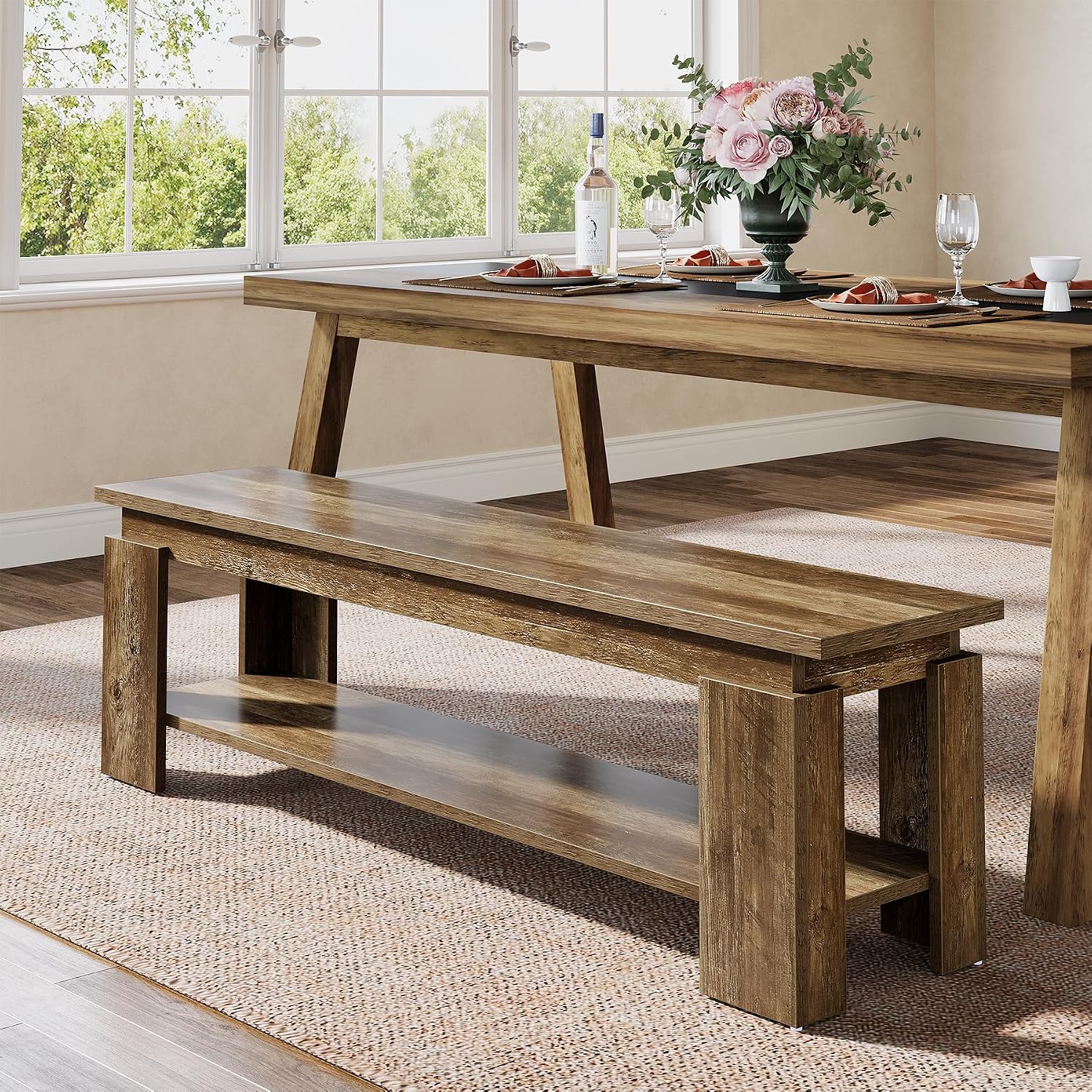 Tribesigns 63" Dining Bench for 2-3, Farmhouse Wooden Dining Room Bench with Storage Shelf for Kitchen & Dining Room