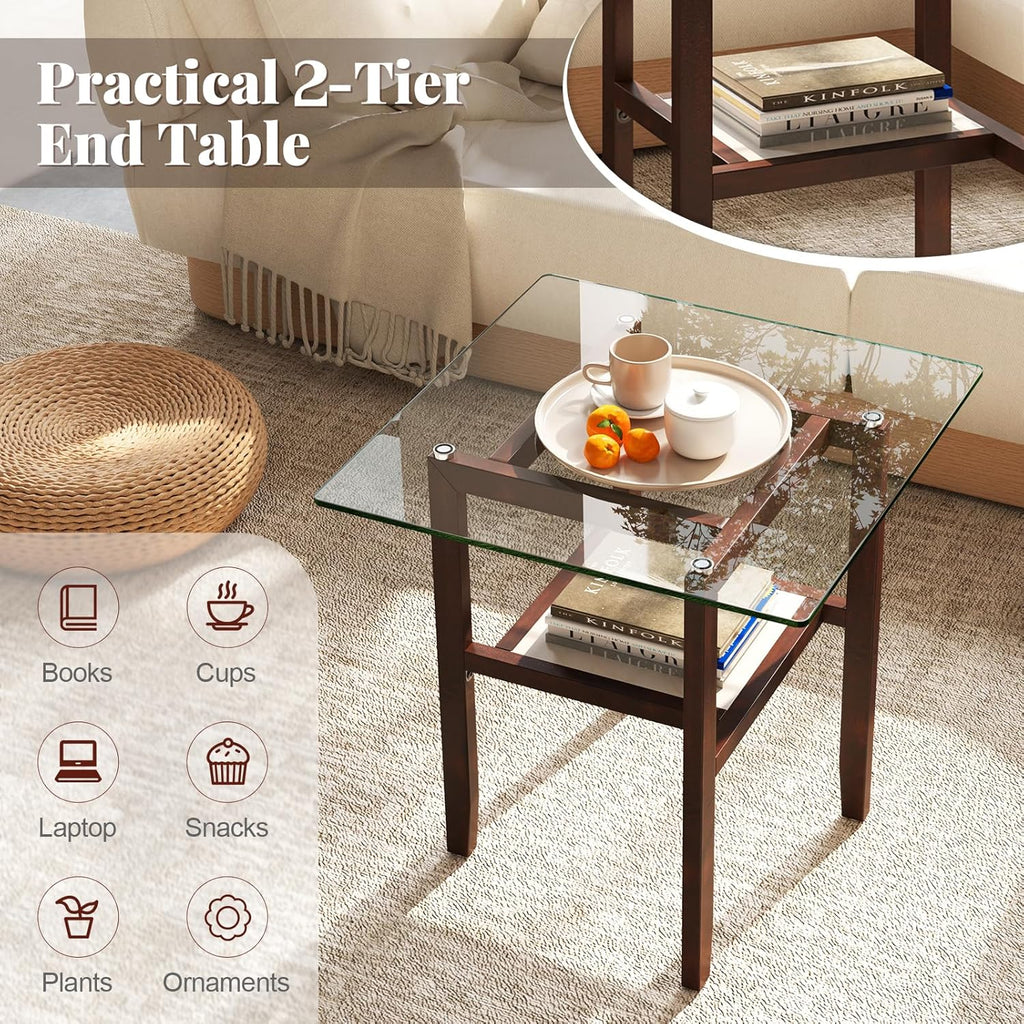 Tangkula 24" Square Glass Side Table, 2-Tier End Table with Storage Shelf & Rubber Wood Frame, Modern Accent Sofa Table for Living Room, Home, Office, Brown (1, Brown)