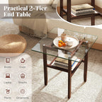 Tangkula 24" Square Glass Side Table, 2-Tier End Table with Storage Shelf & Rubber Wood Frame, Modern Accent Sofa Table for Living Room, Home, Office, Brown (1, Brown)