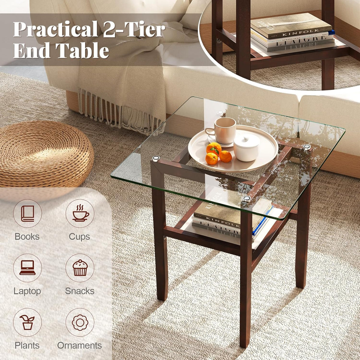 Tangkula 24" Square Glass Side Table, 2-Tier End Table with Storage Shelf & Rubber Wood Frame, Modern Accent Sofa Table for Living Room, Home, Office, Brown (1, Brown)