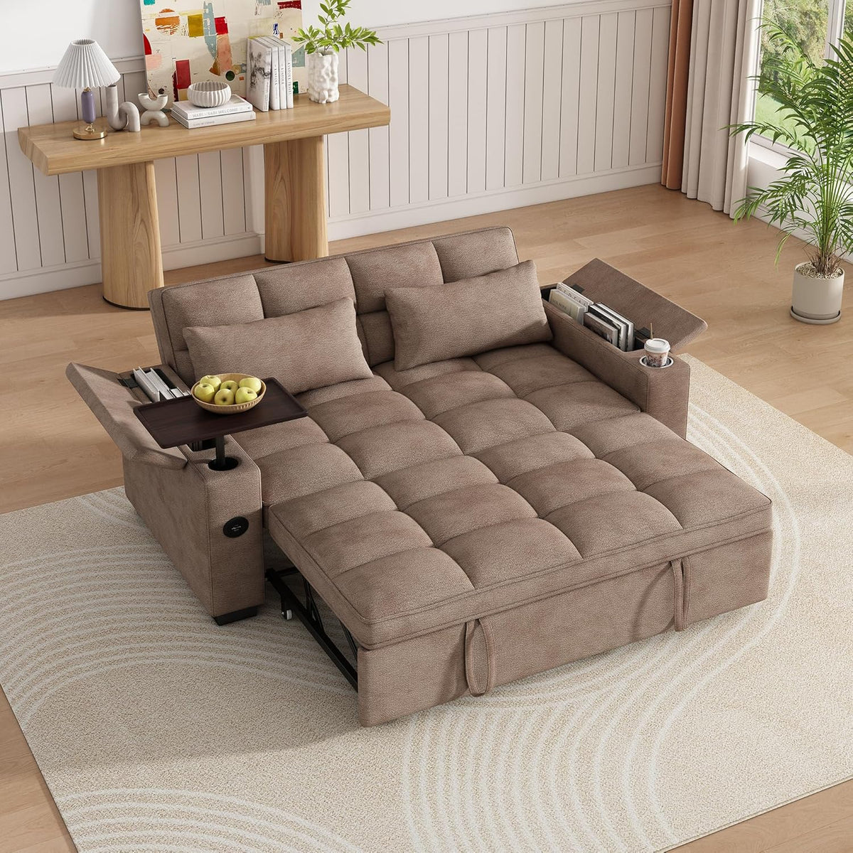 KEIKI 65" 3-in-1 Pull-Out Sofa Bed, Compact Convertible Sleeper Couch with Rotating Side Table, USB Charging Ports, Storage Armrests & Adjustable Comfort for Guests & Small Living Rooms
