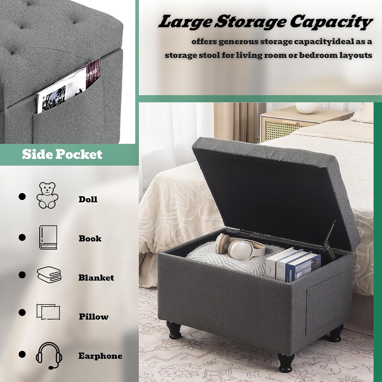 Ottoman with Storage 24'' Storage Ottomans Fabric Ottoman Footstools Small Upholstered Foot Rest Stool for Couch, Living Room, Bedroom, Entrance Shoe Bench Grey