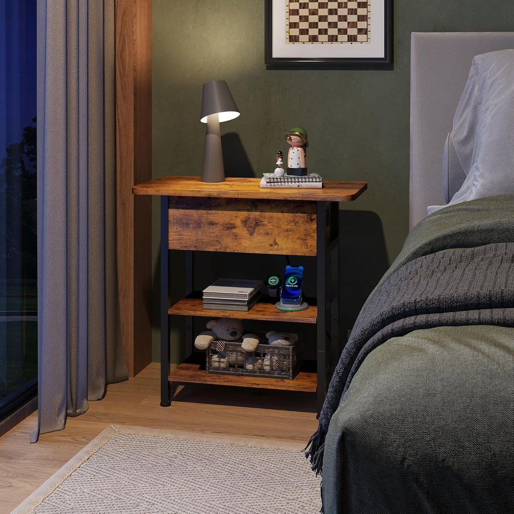 WLIVE End Table with Charging Station, Flip Top Narrow Side Table with Storage Shelf, Small Nightstand with USB Ports and Outlets,Bedside Table for Living Room, Bedroom,11.81" D x 23.62" W x 24.33" H