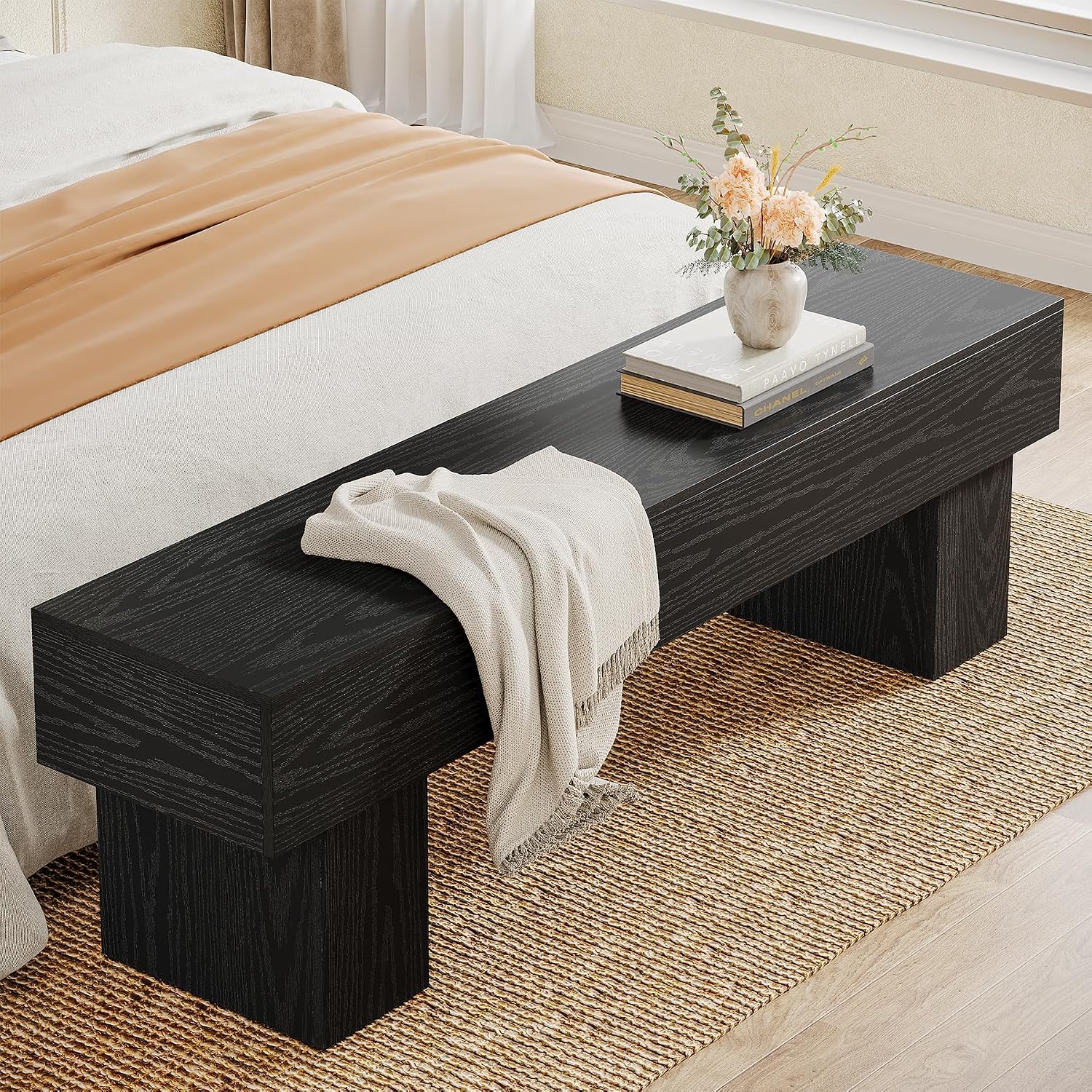 Tribesigns 63" Long Entryway Bench, Rustic Farmhouse End of Bed Bench, Wooden Shoe Bench Seat for Hallway, Living Room, End of Bed, Black