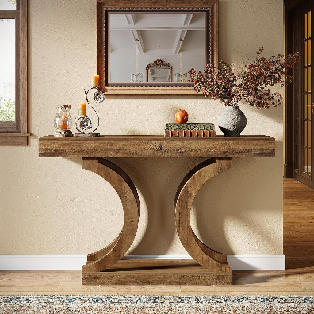 Tribesigns 43-Inch Farmhouse Curved Console Entryway Table for Living Room | 2 Tier Diaplay Space, Unique Curved Base, Adjustable Leg Pads, Sofa Table Behind the Couch,Thickened Sturdy Tabletop