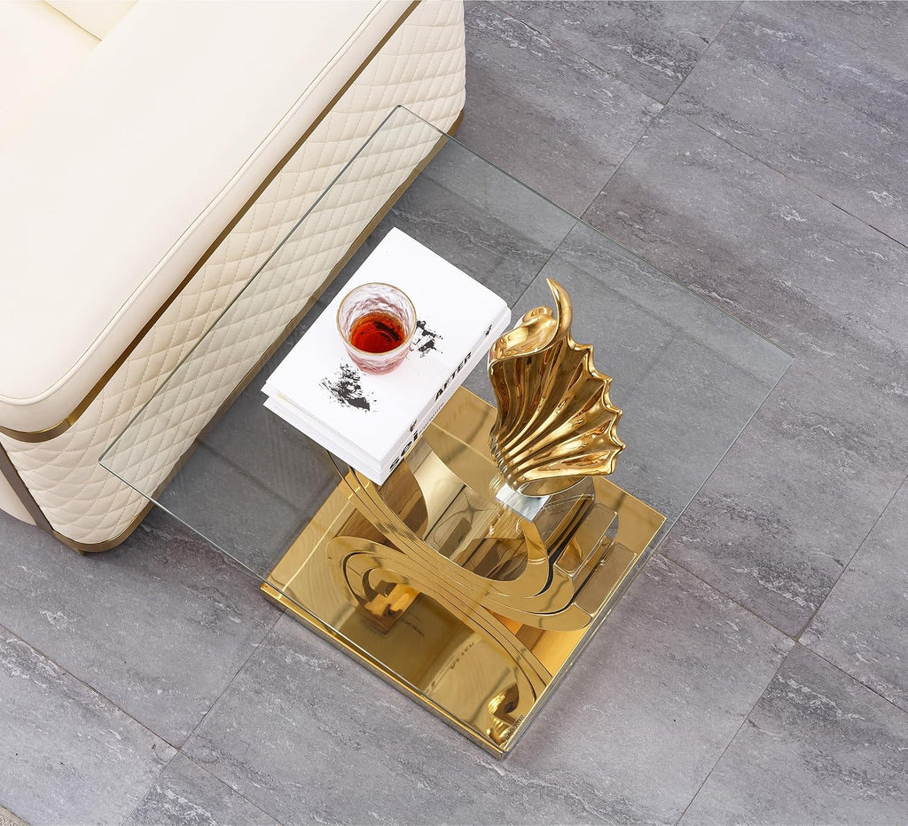 Square Glass End Table, Modern 22.8" Square Glass Side Table Tea Table with Stainless Steel Base and Clear Glass Top for Living Room Office