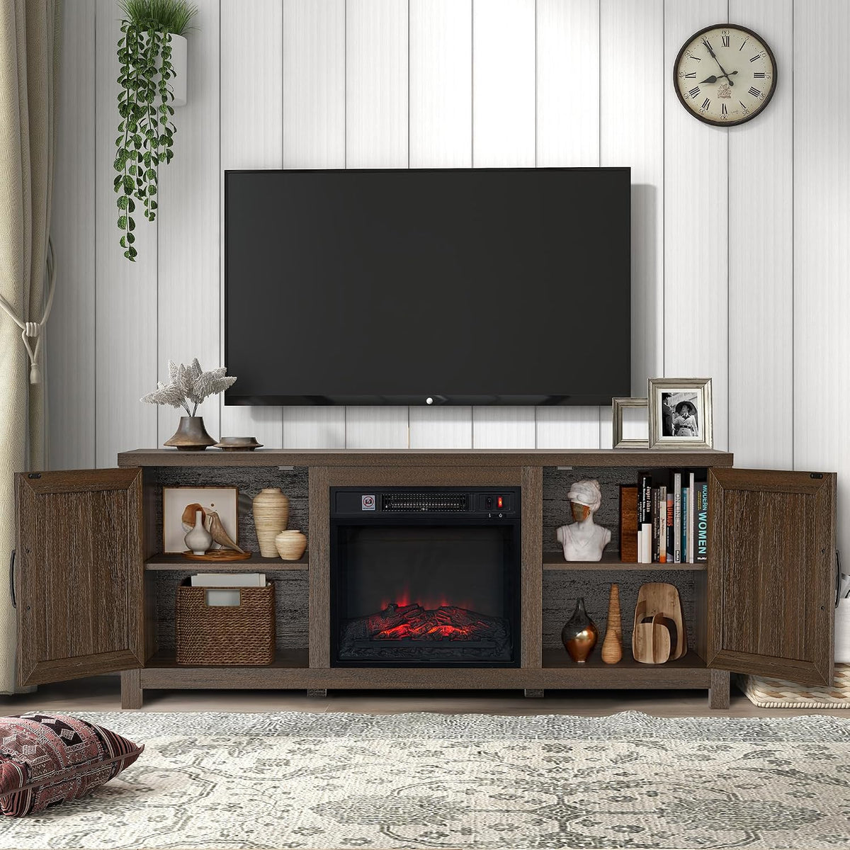 58 Inch Fireplace TV Stand for TV up to 65" | Farmhouse TV Stand with 18" Electric Fireplace, Rustic Entertainment Center with Storage, TV Stands for Living Room (Coffee)