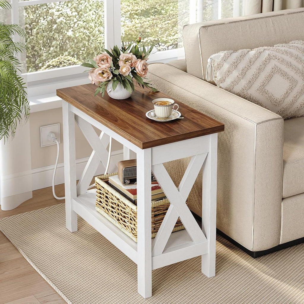 HOOBRO End Table with Charging Station, Farmhouse Narrow Side Table, 2-Tier with Storage Shelves, Slim Nightstand for Small Spaces, Living Room, Bedroom, White and Walnut WH360UBZ01