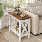 HOOBRO End Table with Charging Station, Farmhouse Narrow Side Table, 2-Tier with Storage Shelves, Slim Nightstand for Small Spaces, Living Room, Bedroom, White and Walnut WH360UBZ01