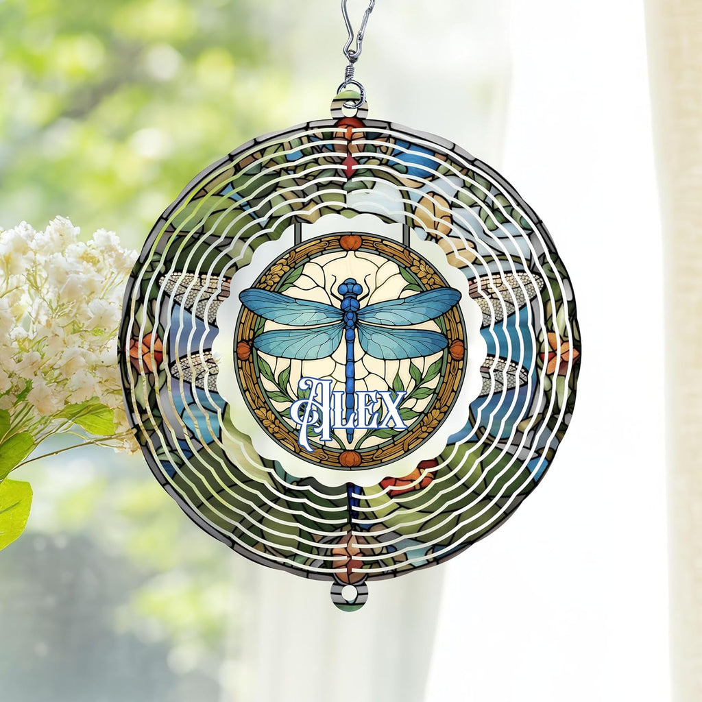 Personalized Dragonfly Wind Spinner 3D Stainless Steel, Dragonfly Garden Spinner Hanging Outdoor Decor, Wind Spinners Outdoor, Custom Gift for Grandmother, Mom, Wife