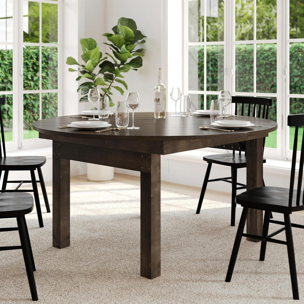 Flash Furniture Hercules Commercial Round Farmhouse Folding Table, Antique Rustic Solid Pine Dining Room Table, Foldable Locking Legs, 60" Diameter, Mahogany