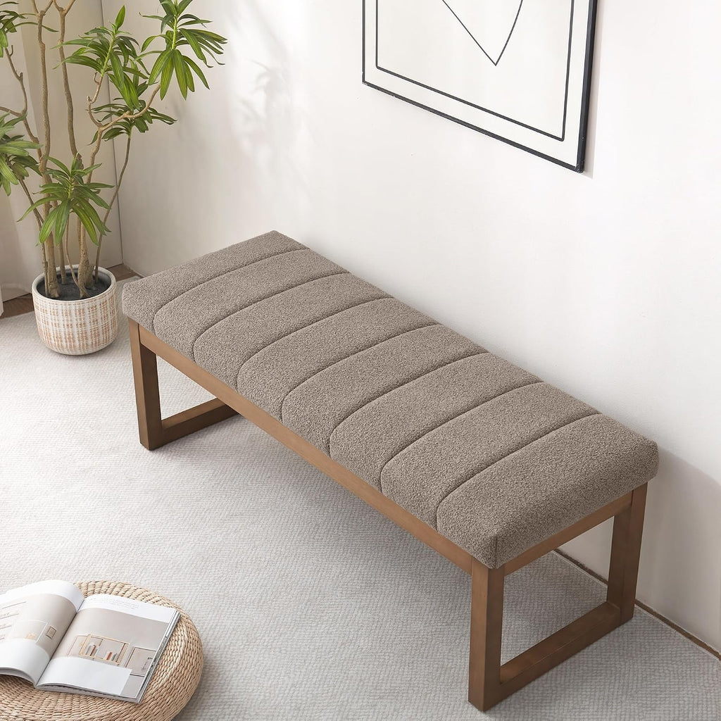 Zihanhome 52.7" Bedroom Bench for End of Bed, Modern Upholstered Teddy Fabric Entryway Bench & Dining Bench, Footrest Stool Bench with Solid Wood Frame for Bedroom, Living Room (Dark Brown)