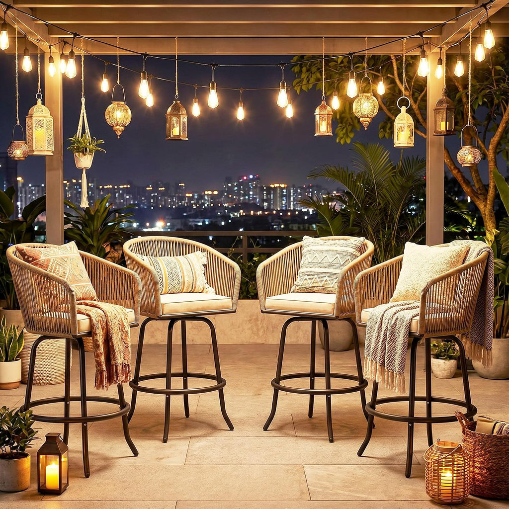 YITAHOME 27" Bar Stools Set of 4 with Arms & Cushions, 360° Swivel Outdoor Bar Stools, All Weather Counter Height Bar Stools Set of 4 with Curved Back for Backyard, Kitchen Island, Dining Room, Beige