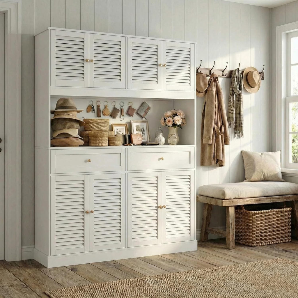 HIFIT 71“HX55“W Large Pantry Cabinet for Food Storage, Farmhouse Kitchen Hutch with Storage Drawers, Tall Kitchen Pantry Cabinet with Microwave Stand for Dining Living Room, White