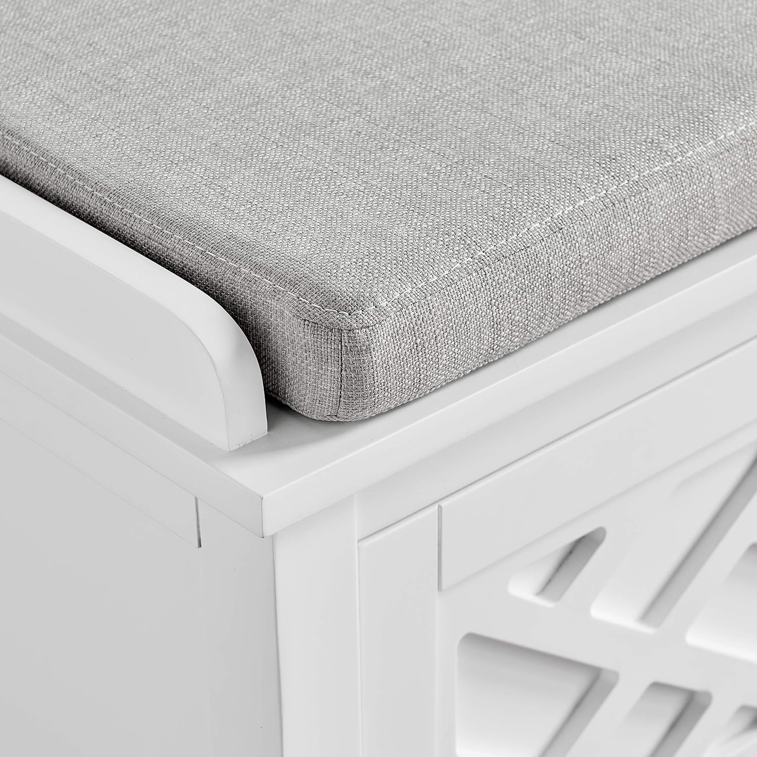 Coventry Modern Entryway Bench with Cushion – 45-Inch Storage Bench with 3 Cubbies, Adjustable Shelves & Decorative Side Panels for Mudroom or Hallway Seating by Alaterre Furniture (White)