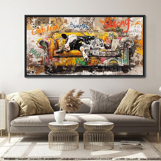JEAWA Framed Canvas Wall Art - Large Creative Wall Art for Bedroom Living Room Bathroom, Modern Artwork Decor for Home Decoration, Funny Cow Color Graffiti, 29x58 IN