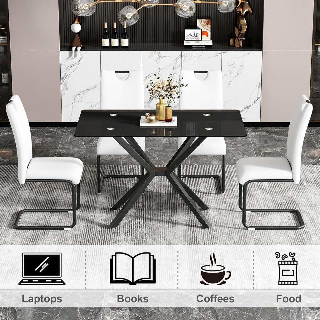 47.24 Inch Rectangular Glass Dining Table Modern Kitchen Glass Top Table for 4 with Black Metal Legs, Clear Dining Table Kitchen Table for Home Office Dining Room